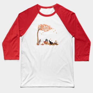 Four Cavalier King Charles Spaniels Playing in Fall Leaves Baseball T-Shirt